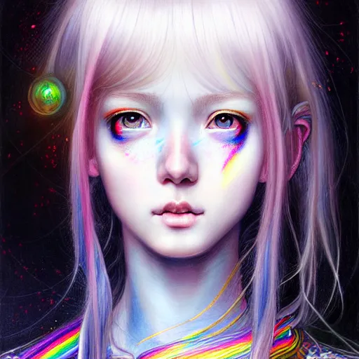 Image similar to a portrait of girl with rainbow hair white shirt, denim shorts, an ultrafine detailed painting by ayami kojima, cgsociety, fantasy, anime digital art, lovecraftian, cosmic horror, detailed painting