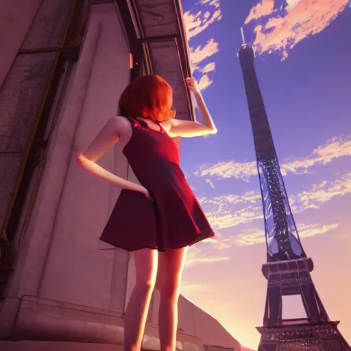 Image similar to A young beautiful giantess wearing a sundress sitting on the Eifel tower, beautiful lighting,digital art , highly detailed , high contrast, beautiful lighting, award winning , trending on art station, 8k, photorealistic,unreal engine 5