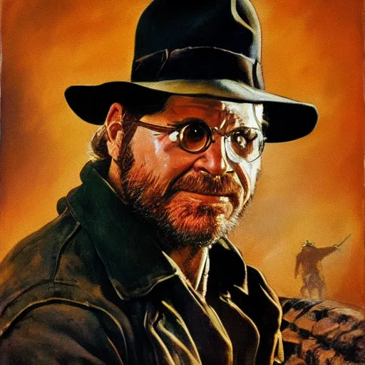 Image similar to bobcat goldthwait as indiana jones painting by frank frazetta, highly detailed, high quality, 8 k, realistic face, path traced