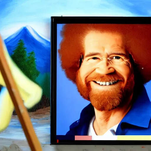 Image similar to a closeup photorealistic photograph of bob ross working on a canvas painting of elmo. film still. brightly lit scene. mountains and trees. this 4 k hd image is trending on artstation, featured on behance, well - rendered, extra crisp, features intricate detail, epic composition and the style of unreal engine.