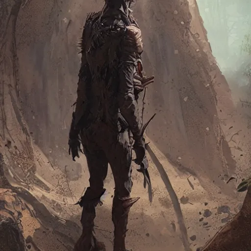 Prompt: a goblin stands in the middle of the dirt trail, his leather clothing hangs loosely, official art by greg rutkowski, featured