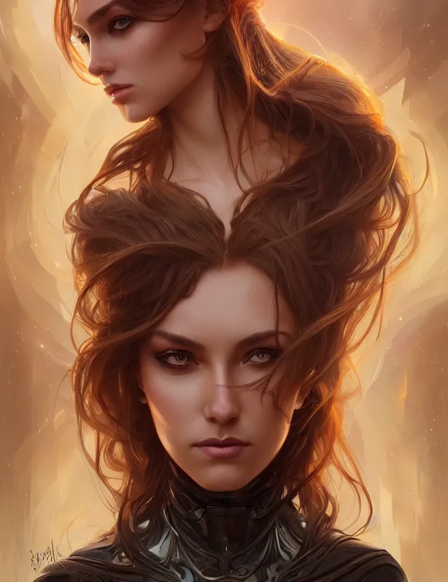 Image similar to futuristic woman portrait, sci-fi, amber eyes, face, long hair, fantasy, intricate, elegant, highly detailed, digital painting, artstation, concept art, smooth, sharp focus, illustration, art by artgerm and greg rutkowski and alphonse mucha