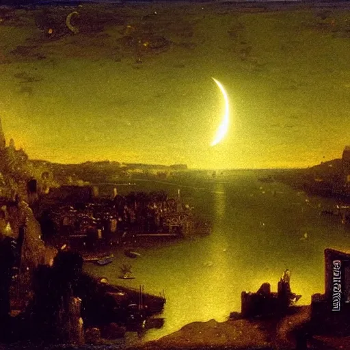 Image similar to dark solar eclipse, above a village, highly detailed, studio 4 k quality, by arnold bocklin