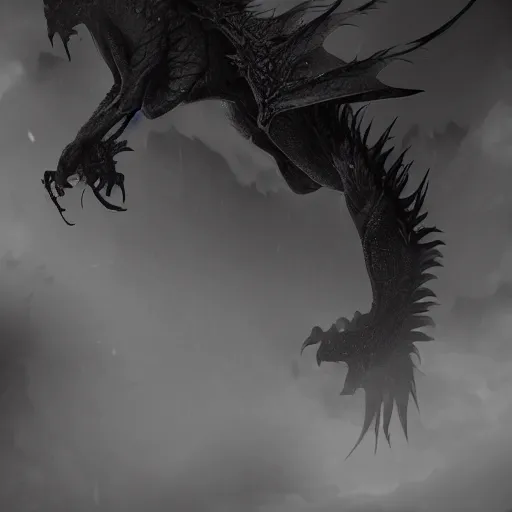 Prompt: a highly detailed horrific shot of a ghostly western dragon that's fading into black fog and deep dark obscure shadow, wings are clouds of darkness, four legs, creating an ominous presence of fear, artstation, deviantart, dark lighting, unreal engine 5 render