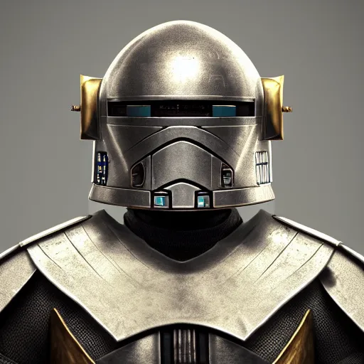 Prompt: realistic templar knight helm design inspired by r 2 d 2, epic scale, character concept art, face symmetry, intricate accurate details, artstation trending, octane render, cinematic color grading, soft light, rule of thirds, golden ratio, like a professional model, cinematic, 8 k, clear.