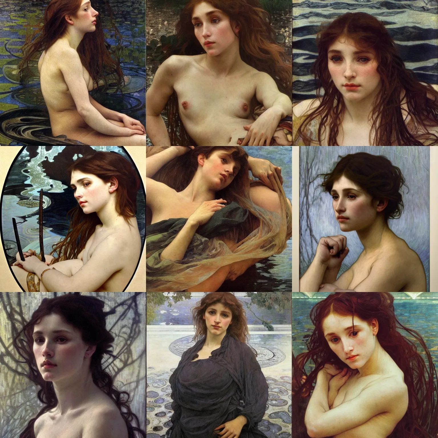 Prompt: hyperrealist portrait in a black river, moonlight half body by alphonse mucha and lucian freud and bouguereau, very detailed faces