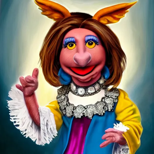 Image similar to « full length portrait of nancy pelosi as an muppet in a white robe and flaming yellow eyes, seven stars in right hand, grim - lighting, high - contrast, intricate, elegant, highly detailed, digital painting, artstation, concept art, smooth, sharp focus, illustration »