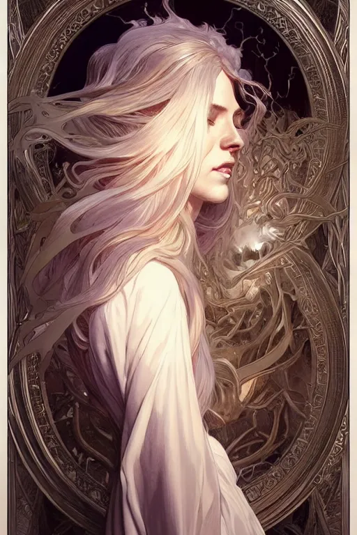 Image similar to white witch crafting magic spells, side view, crafting spells, bright witch, fantasy, chaos, magic, dark magic, dramatic lighting, intricate, wild, highly detailed, digital painting, artstation, concept art, smooth, sharp focus, illustration, art by artgerm and greg rutkowski and alphonse mucha