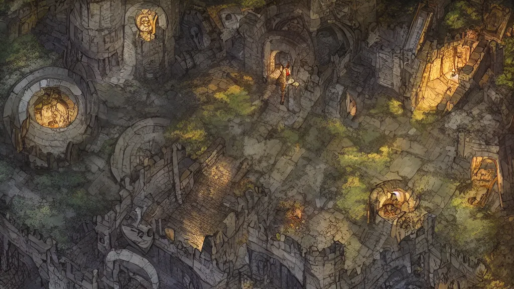 Prompt: wide establishing shot of a dungeons and dragons battle map, top view of inside of the inside of a castle, dynamic composition, dramatic lighting, trending on artstation, digital art, stylized painting