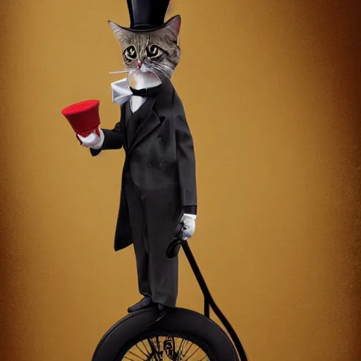 Prompt: Kitty with a tophat and monocle riding a unicycle, hyperrealistic painting 4K digital art trending on artstation