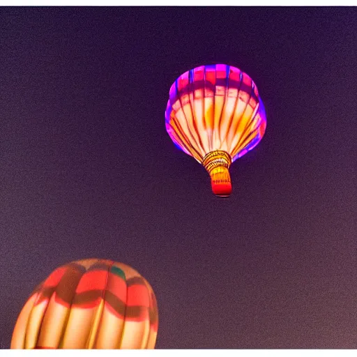 Image similar to at night, nyc, camera looking up, beautiful hot air balloons in a jellyfish shape