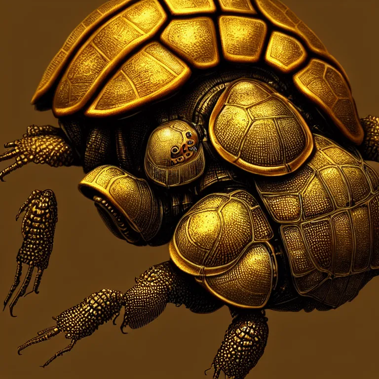 Prompt: steampunk golden tortoise beetle, biomechanical, very coherent symmetrical artwork, cinematic, 3 d model, unreal engine realistic render, 8 k, micro detail, intricate, elegant, highly detailed, centered, digital painting, smooth, sharp focus, illustration, artgerm, tomasz alen kopera, by wlop