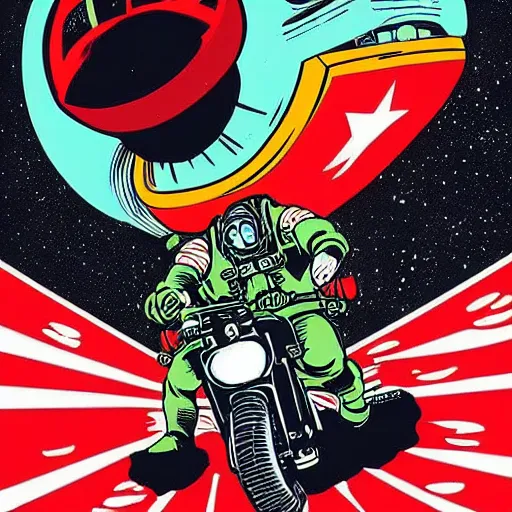 Prompt: pin-up art of a space marine riding a nuclear bomb like in dr. strangelove in vintage colours by mcbess