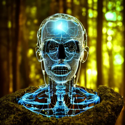 Prompt: very detailed portrait 55mm photo of a mechanical head without skin, with crystal bones and optic fiber nerves, gears in his head and cybernetic enhancements in it's transparent skull. Has cameras for eyes. In the forest with bokeh. Ray tracing and tessellation. Very sharp high detailed 8k image