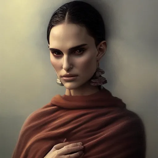 Image similar to tom bagshaw portrait, beautiful mix of natalie portman in desert robes, black hair, professionally retouched, focus eyes, ultra realistic soft painting, insanely detailed linework, symmetrical accurate intricate features, behance, 8 k