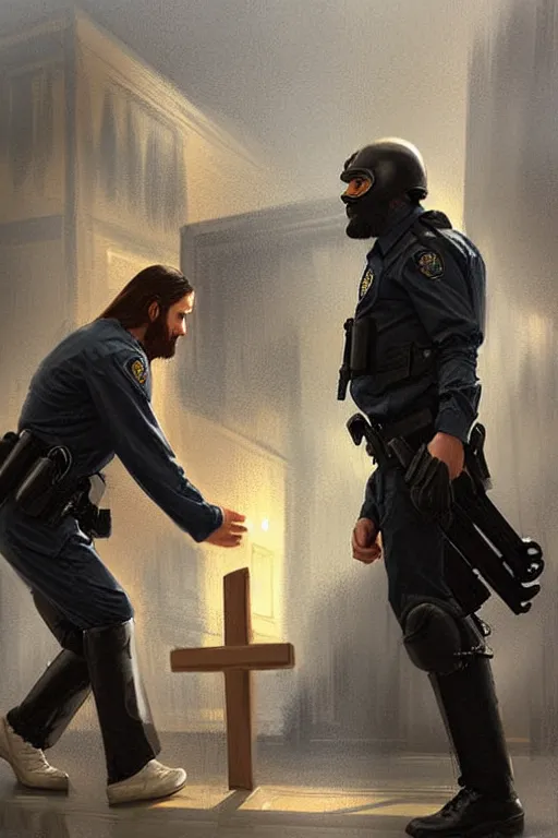 Image similar to jesus christ arresting a police officer, style of greg rutkowski