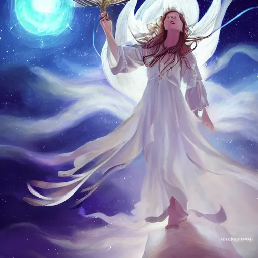 Image similar to The conceptual art features a woman with wings made of stars, surrounded by a blue and white night sky. The woman is holding a staff in one hand, and a star in the other. She is wearing a billowing white dress, and her hair is blowing in the wind. by Andreas Rocha random