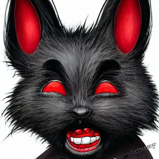 Image similar to A extremely highly detailed majestic hi-res beautiful, highly detailed head and shoulders portrait of a scary terrifying, horrifying, creepy black cartoon rabbit with scary big eyes, laughing and standing up wearing pants and a shirt in the style of Walt Disney