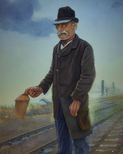 Image similar to a oil / watercolor painting full body character portrait of a railroad astronomer in the style of moebius in the style of leonard boyarsky trending on artstation deviantart pinterest detailed realistic hd 8 k high resolution