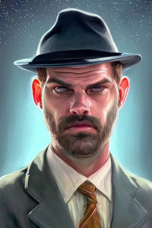 Prompt: very detailed portrait of a brazilian season four jim hopper, pastel color scheme, by wlop and tyler oulton, detailed eyes, starry background, trending, on artstation.