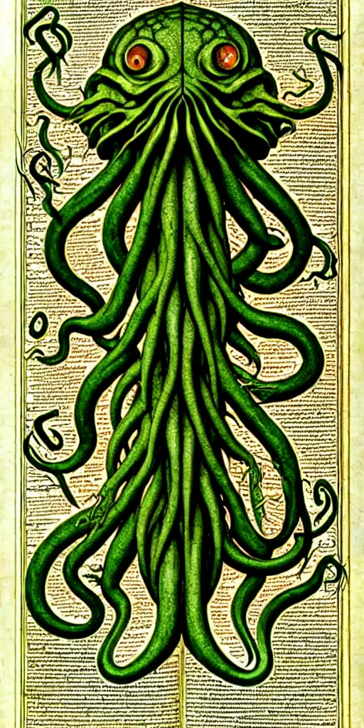 Image similar to cthulhu cross section scientific illustration biology book, highly detailed, style of illuminated manuscript codex