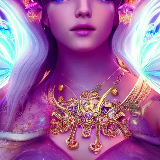 Prompt: portrait of fairy princess, glowing, ornate and intricate jewelry, jaw dropping beauty, glowing background lighting, white accent lighting, hyper detailed, 4 k octane render