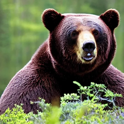 Prompt: a bear with the face of bear grylls
