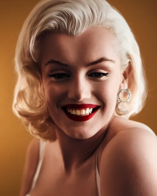 Image similar to Beautiful Head and shoulders portrait of smiling flirty seductive Marilyn monroe with platinum blonde hair, wearing a camisole by arney freytag, artstation, 35mm, fashion photoshoot, laying on a bed in a photo studio, golden hour, bokeh, rim lighting, fashion pose, octane, 4k