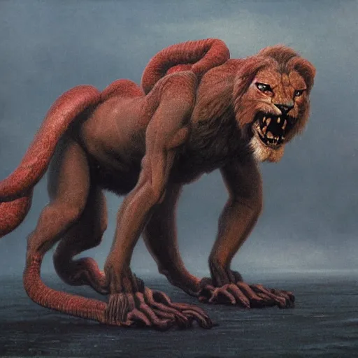 Image similar to manticore concept, lion body, scorpion tail, beksinski