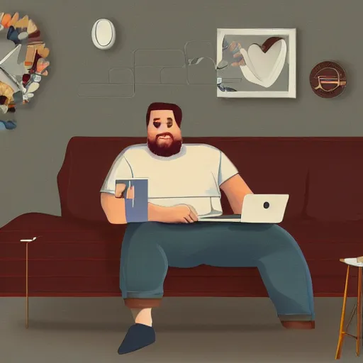 Image similar to a beautiful complex painting of an american man sitting in this couch using his laptop and he is very fat digital painting