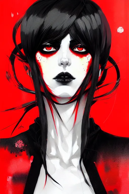 Image similar to a ultradetailed beautiful painting of a stylish goth girl, black eyes, red and black, by conrad roset, greg rutkowski and makoto shinkai trending on artstation