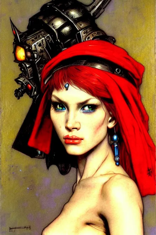 Image similar to full character portrait max mad cyberpunk warhammer 4 0 k, warrior marine the girl with the pearl earring character design, painting by gaston bussiere, katsuya terada, frank frazetta, gerald brom, mucha, tom of finland, trending on artstation