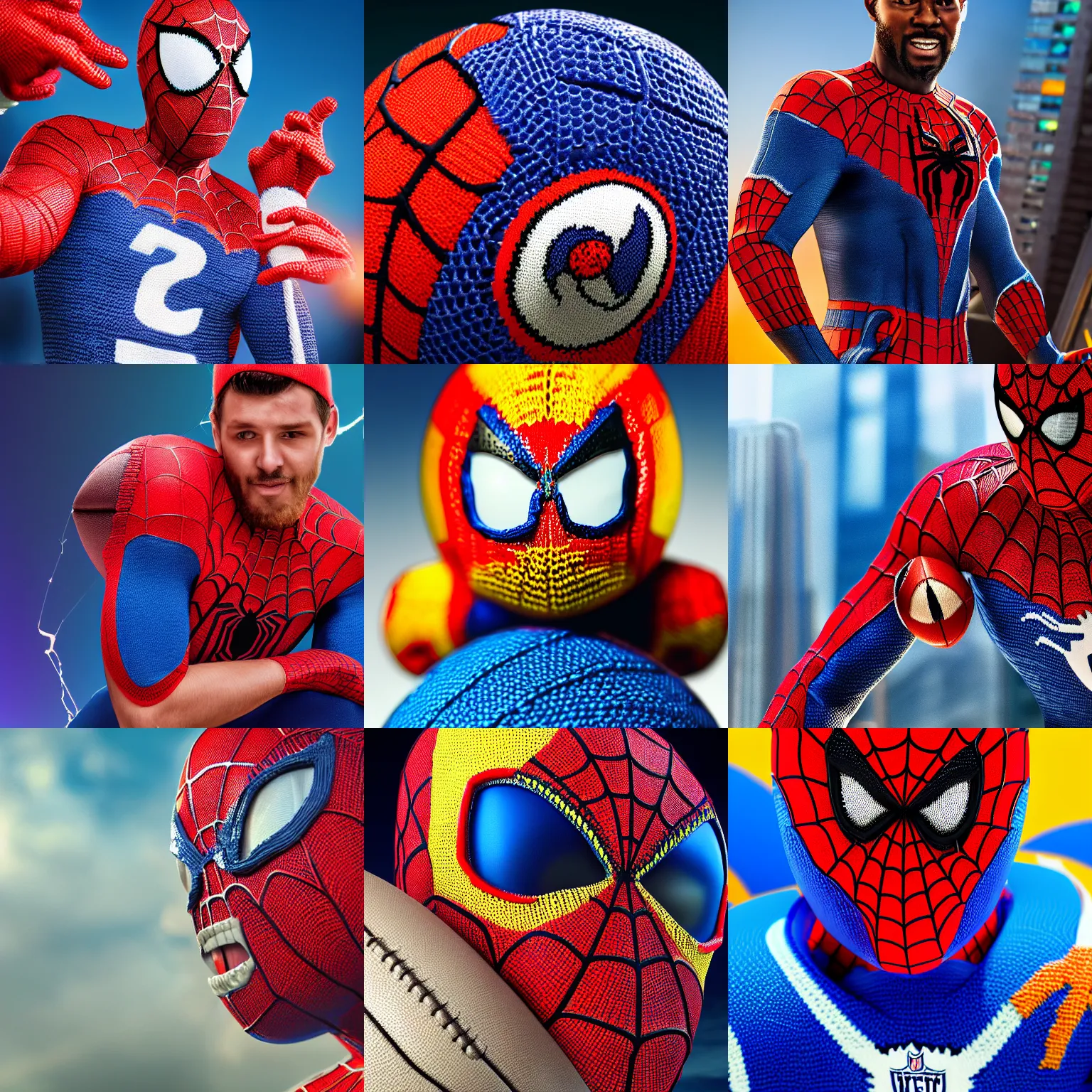 Prompt: a closeup photorealistic photograph of a colorful knitted spider man themed rams football player. professional capture. bright scene. this 4 k hd image is trending on artstation, featured on behance, well - rendered, extra crisp, features intricate detail, epic composition and the style of unreal engine.