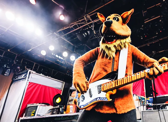 Image similar to photo still of mcgruff the crime dog on stage at vans warped tour!!!!!!!! at age 3 3 years old 3 3 years of age!!!!!!!! shredding on guitar, 8 k, 8 5 mm f 1. 8, studio lighting, rim light, right side key light