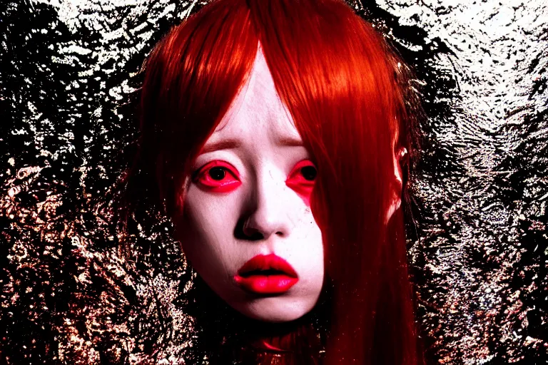 Prompt: Demonic Holly Herndon style occult seinen manga Fashion photography portrait tokyo fire(1967) movie still from oilfield dance scene, pointé pose;pursed lips, athletic, terrified 👿 , gaze down,harajuku hair, wearing mercury Balenciaga anti-g flight suit ,specular highlights, half submerged in heavy oil flood, oil to waist, , ,eye contact, ultra realistic, tilt shift background, Panavision Panaflex X , Technicolor, 8K, 35mm lens, three point perspective, closeup portrait, chiaroscuro, highly detailed, devine composition golden ration, by moma, by Nabbteeri by Sergey Piskunov