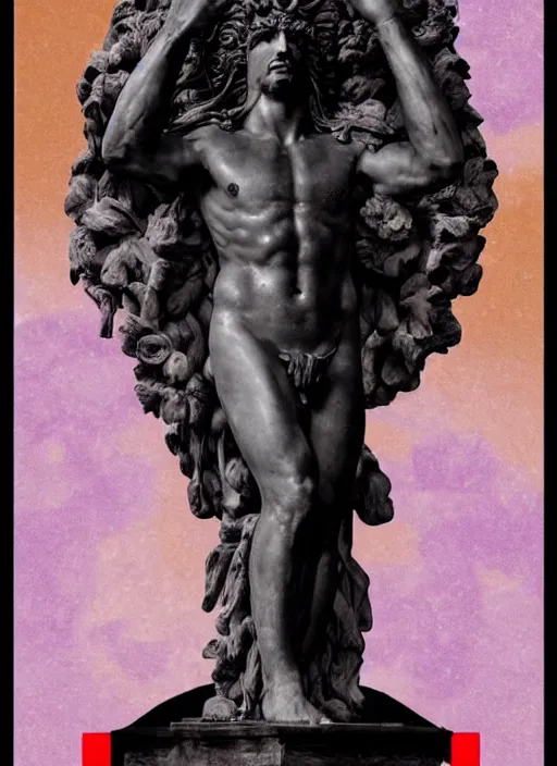 Prompt: elegant dark design poster showing a large greco roman statue of dionysus, black background with very subtle red and purple design elements, bold, powerful, soft gradients, nekro, vito acconci, thin straight purple lines, dark, glitch art, neo vaporwave, gritty, layout frame, square, trending on artstation
