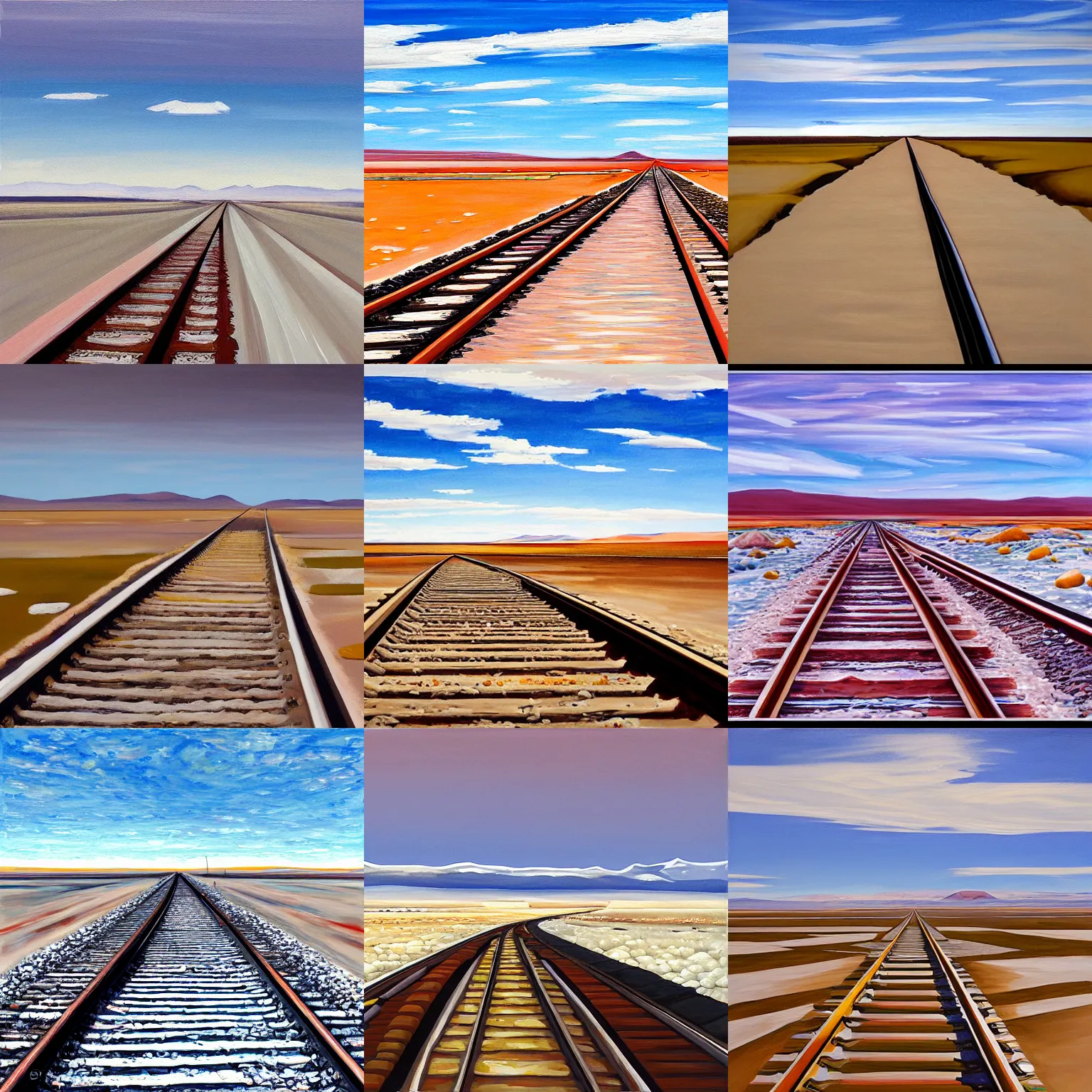 Prompt: railway tracks going into the distance, salar de uyuni, single point perspective, painting