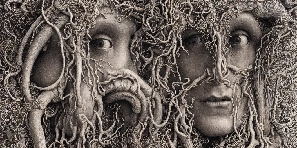 Image similar to detailed realistic beautiful tyrolean farmer hay monster god face portrait by jean delville, gustave dore, iris van herpen and marco mazzoni, art forms of nature by ernst haeckel, art nouveau, symbolist, visionary, gothic, neo - gothic, pre - raphaelite, fractal lace, biodiversity, surreality, hyperdetailed ultrasharp octane render