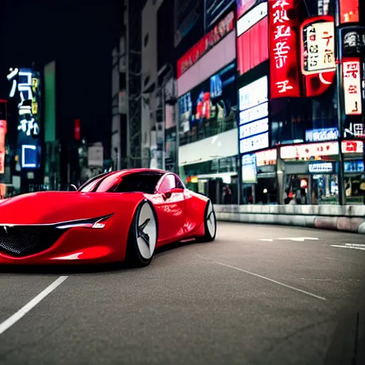 Prompt: RX-Vision soul red concept car ikuo maeda mazda RX-9 driving in Tokyo at night beautiful 35mm photo
