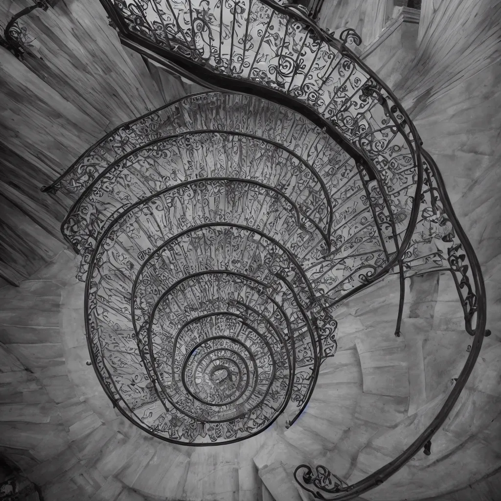 Image similar to a art - nouveau spiral staircase. dark stairs. tall building, seen from the top. detailed, octane render, simplistic, hyperrealistic, very coherent, hyper realism, high detail, octane render, 8 k