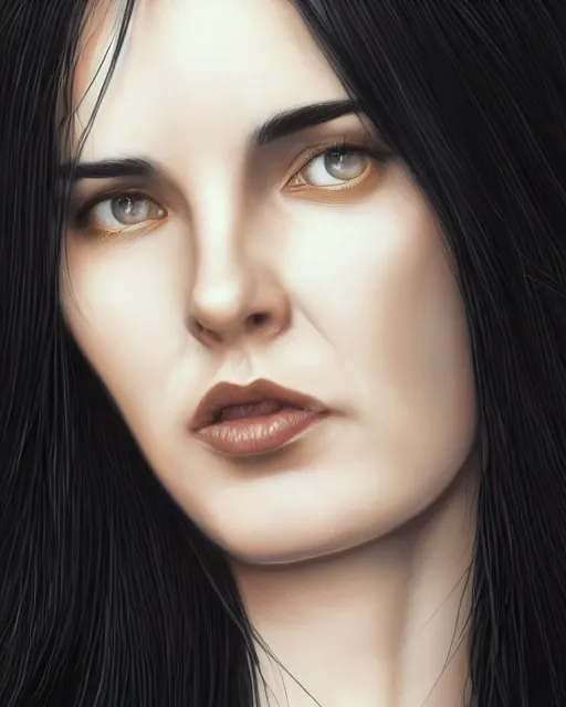 Image similar to portrait of a tall 4 0 - year - old woman, very!!! thin!!! lips, long, lush unkempt black hair, and thick eyebrows, wearing in black clothes, hyper realistic face, beautiful eyes, character art, art by mark brooks, hyperdetailed, cryengine, trending on artstation, digital art