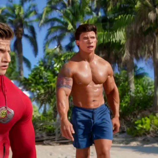 Prompt: Dwayne Johnson and Tom Holland in Baywatch. Movie still frame. 4k UHD.