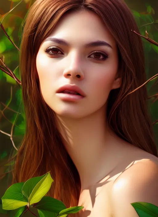 Image similar to photo of a gorgeous female in the style of stefan kostic, realistic, half body shot, sharp focus, 8 k high definition, insanely detailed, intricate, elegant, art by stanley lau and artgerm, extreme bokeh light spring foliage