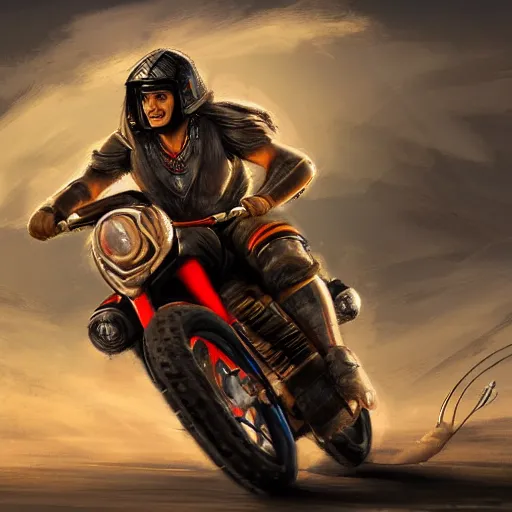 Image similar to Inca Atahualpa riding a motorcycle, detailed, highly detailed, digital paiting, artstation