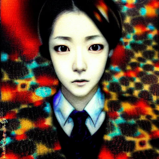 Image similar to yoshitaka amano blurred and dreamy realistic three quarter angle portrait of a young woman with short hair and black eyes wearing office suit with tie, junji ito abstract patterns in the background, satoshi kon anime, noisy film grain effect, highly detailed, renaissance oil painting, weird portrait angle, blurred lost edges