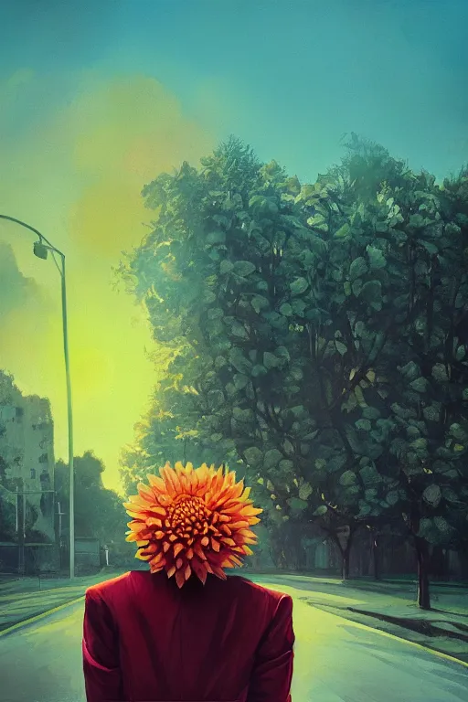 Image similar to closeup giant dahlia flower head, frontal, girl in a suit, standing in street, surreal photography, sunrise, dramatic light, impressionist painting, digital painting, artstation, simon stalenhag