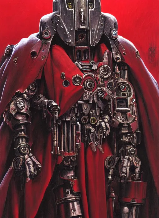 Image similar to portrait of human face adeptus mechanicus in red hood and robe from Warhammer 40000. Highly detailed, artstation, illustration by and John Blanche and zdislav beksinski and wayne barlowe