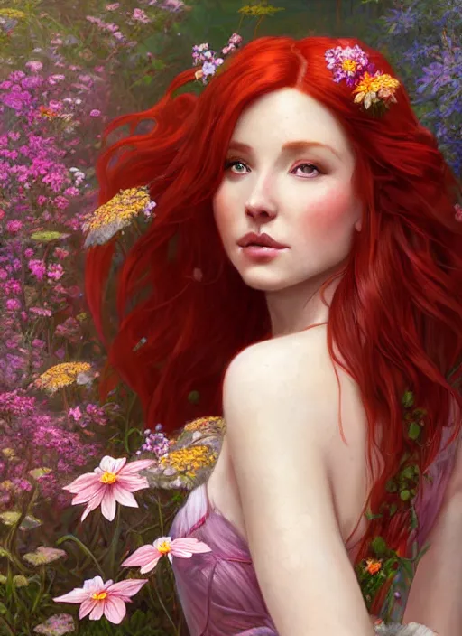 Prompt: a beautiful red haired woman as a fairy princess in a garden holding a bouquet of wild flowers, deep focus, d & d, fantasy, intricate, elegant, highly detailed, digital painting, artstation, concept art, matte, sharp focus, illustration, hearthstone, art by artgerm and greg rutkowski and alphonse mucha