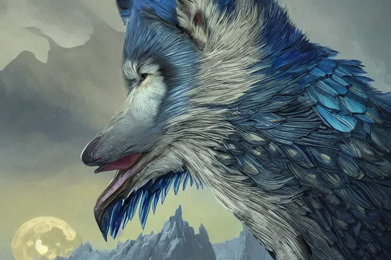 Image similar to Blue feathered wolf with wings on a beautiful fantasy landscape, hills, mountains, moonlit, HD, illustration, epic, D&D, fantasy, intricate, elegant, highly detailed, digital painting, artstation, concept art, smooth, sharp focus, illustration, wallpaper, art by artgerm and greg rutkowski and alphonse mucha and jin xiaodi