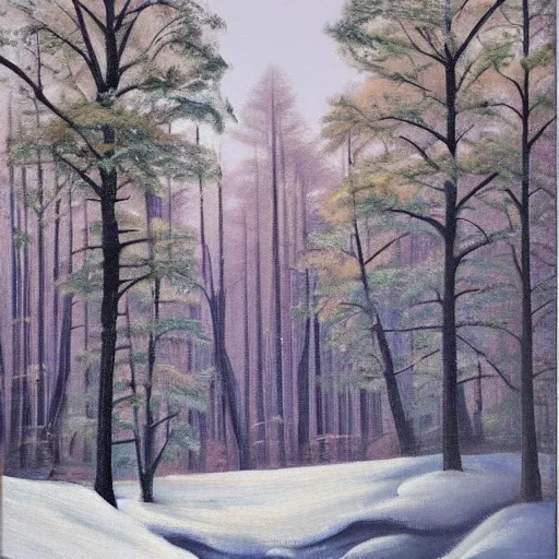 Image similar to a painting of a snowy forest with trees, an acrylic painting by Ray Crooke, metropolitan museum, contest winner, american scene painting, detailed painting